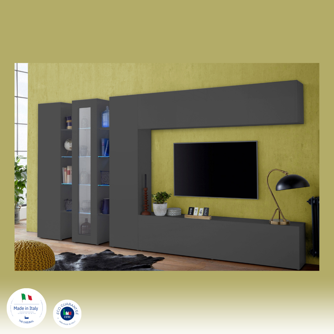 Mobile porta TV ECHO antracite opaco con colonna in vetro e pouf giallo #colore_Antracite Opaco