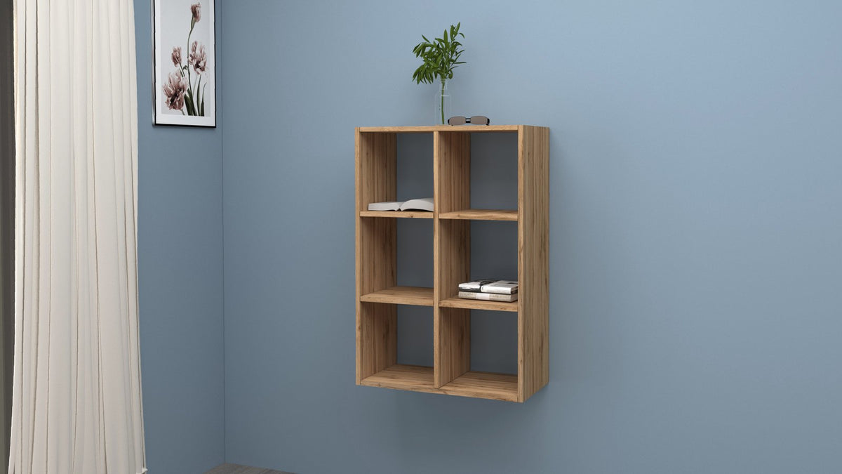 Libreria ECHO rovere con sei vani aperti, vista di tre quarti in ambiente