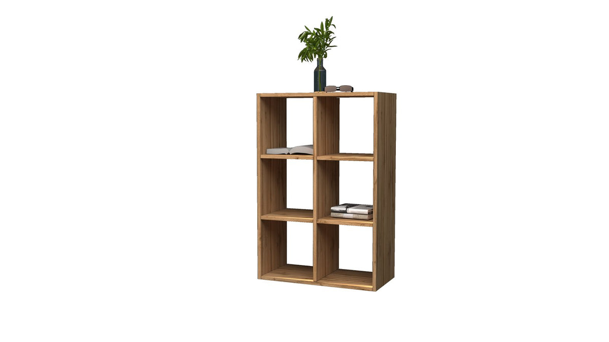 Libreria ECHO rovere con sei vani, vista di tre quarti su fondo bianco neutro