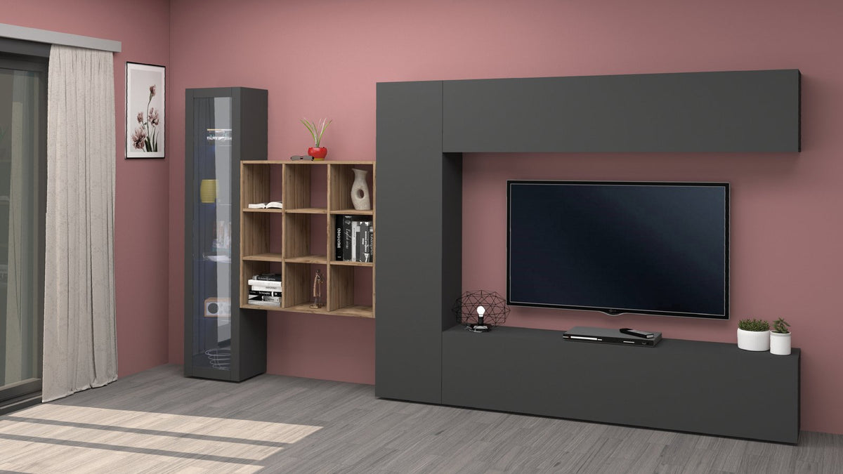 Libreria ECHO rovere in soggiorno sopra mobile basso antracite, parete attrezzata con TV