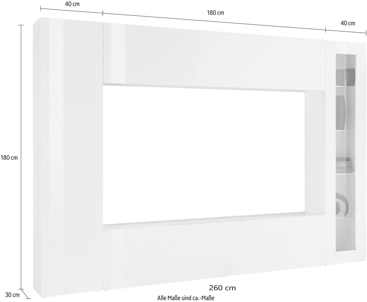 Misure della parete ECHO bianco lucido: 260 cm larghezza, 180 cm altezza, 30 cm #colore_Bianco Lucido