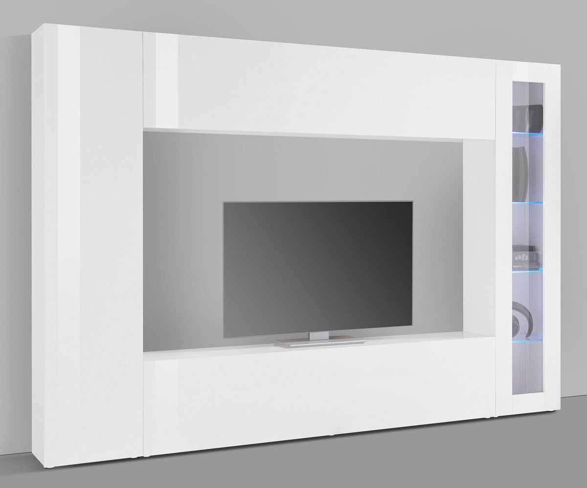 Parete attrezzata ECHO bianco lucido con ante a ribalta sopra e sotto il vano TV #colore_Bianco Lucido