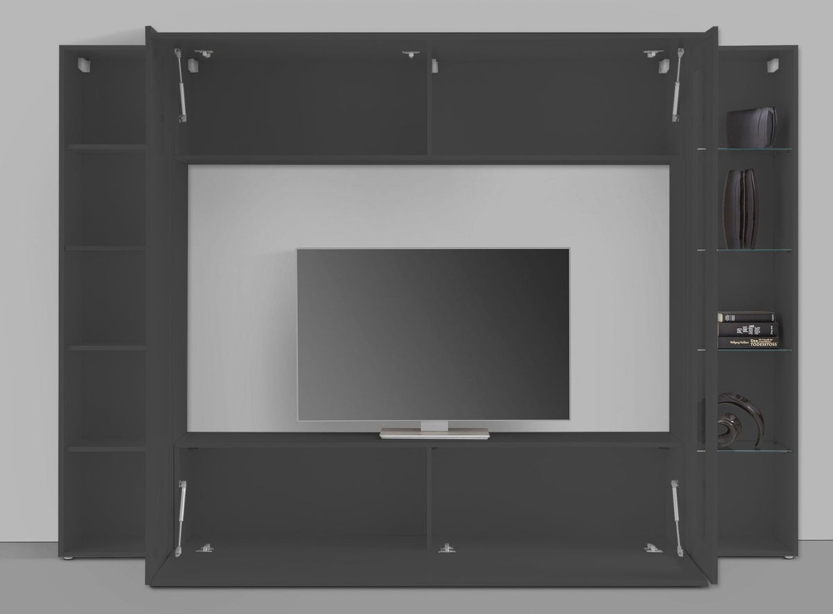 Render della parete ECHO antracite opaco con ante a ribalta aperte sopra e sotto la TV #colore_Antracite Opaco