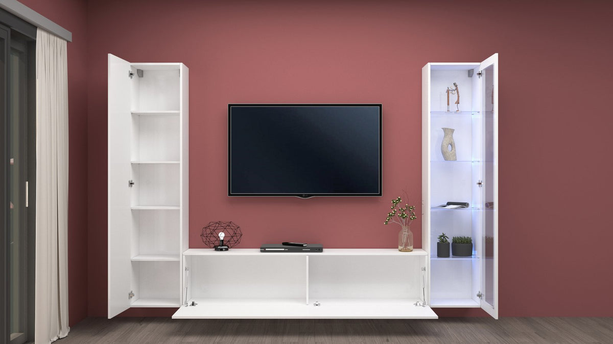 Parete attrezzata bianco lucido ECHO 13 frontale con ribalta aperta e vetrina illuminata #colore_Bianco Lucido