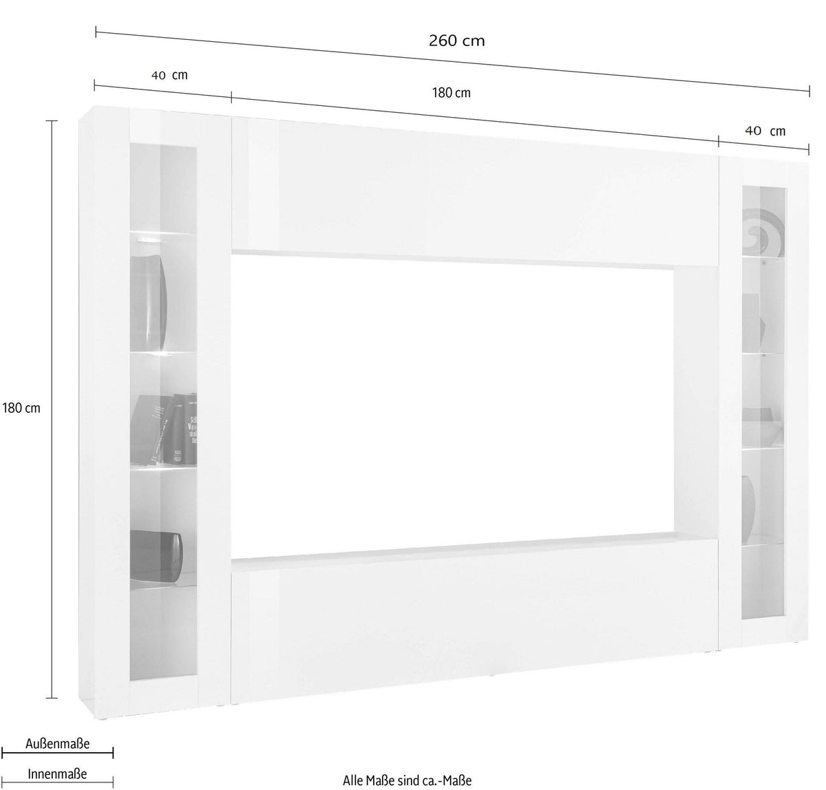 Misure della parete attrezzata ECHO bianco lucido: 260 cm di larghezza e 180 cm di altezza #colore_Bianco Lucido