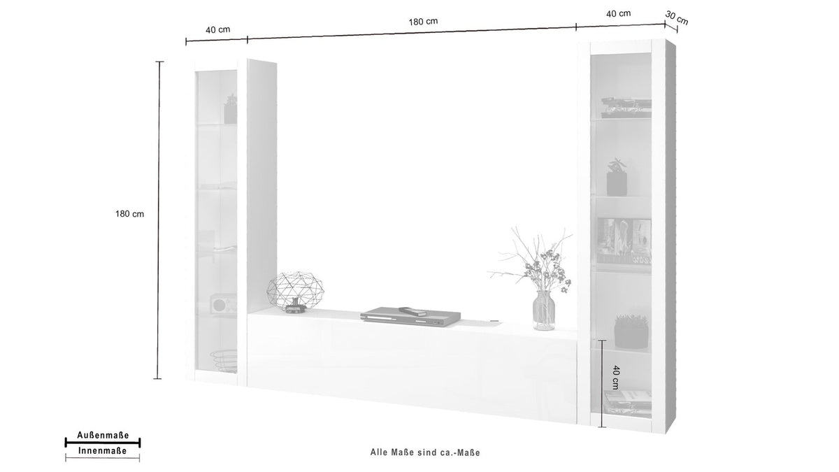 Parete attrezzata ECHO 12 bianco lucido frontale con misure quotate #colore_Bianco Lucido