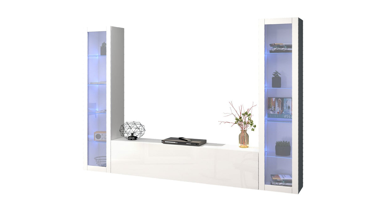Parete attrezzata ECHO 12 bianco lucido a tre quarti su fondo bianco #colore_Bianco Lucido