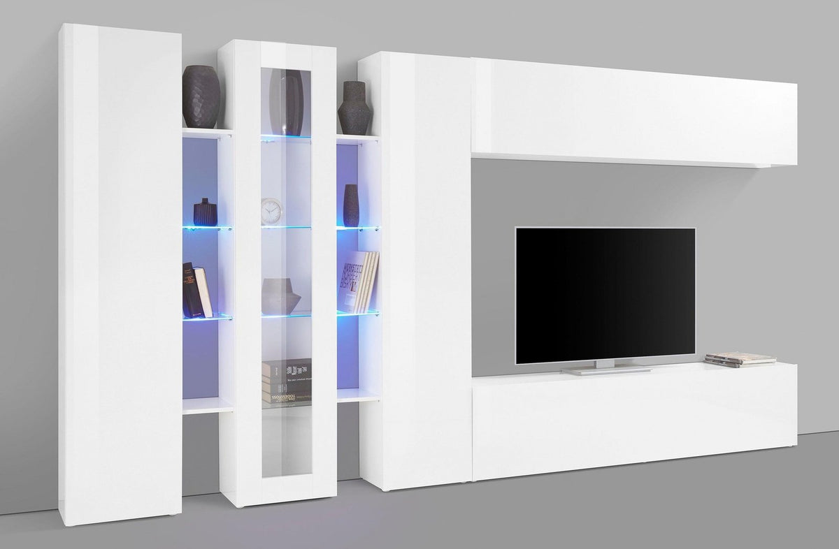 Parete attrezzata ECHO 1 bianco lucido con vetrina e vani LED azzurri, vista di tre quarti #colore_Bianco Lucido