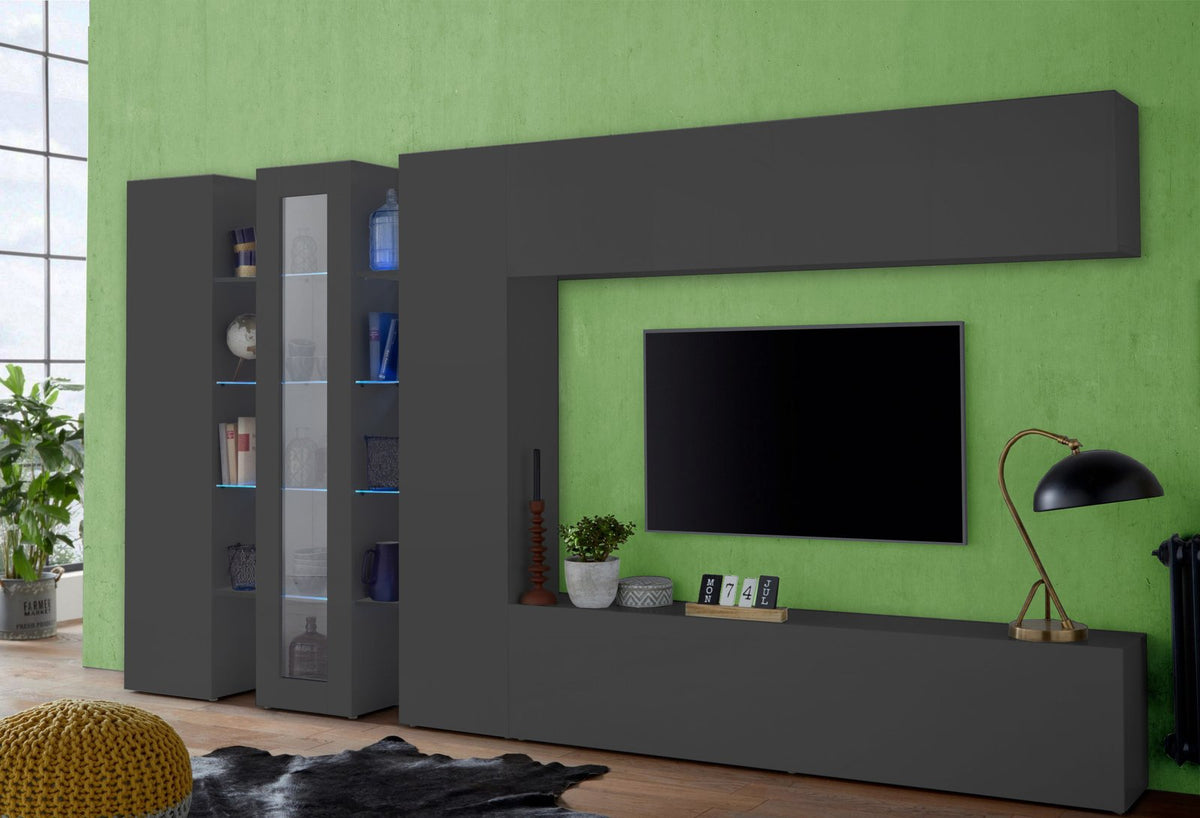 Parete attrezzata ECHO 1 antracite opaco in soggiorno con vetrina LED e porta TV #colore_Antracite Opaco