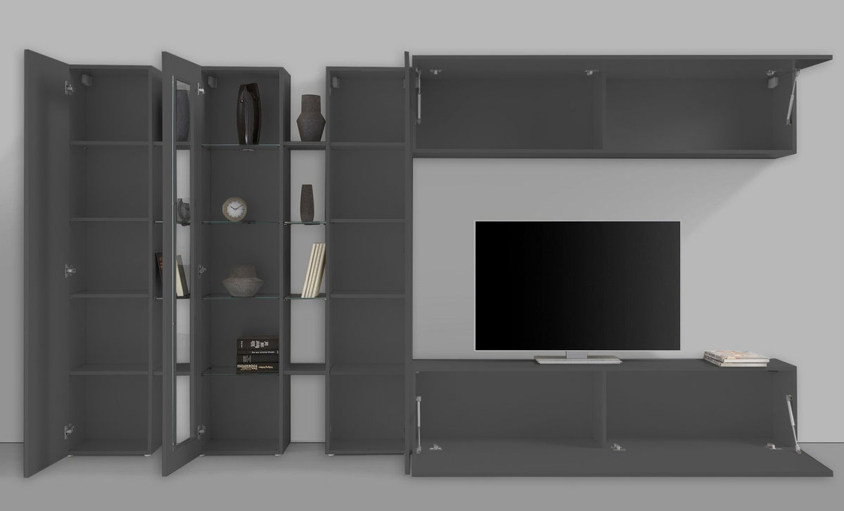 Render ECHO 1 antracite opaco frontale con ante a ribalta aperte e TV montata #colore_Antracite Opaco