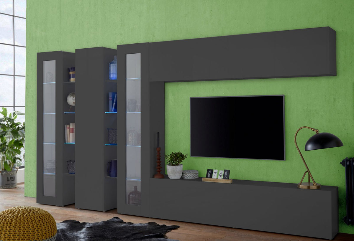 Parete attrezzata ECHO 6 antracite opaco in soggiorno verde con vetrine LED blu #colore_Antracite Opaco
