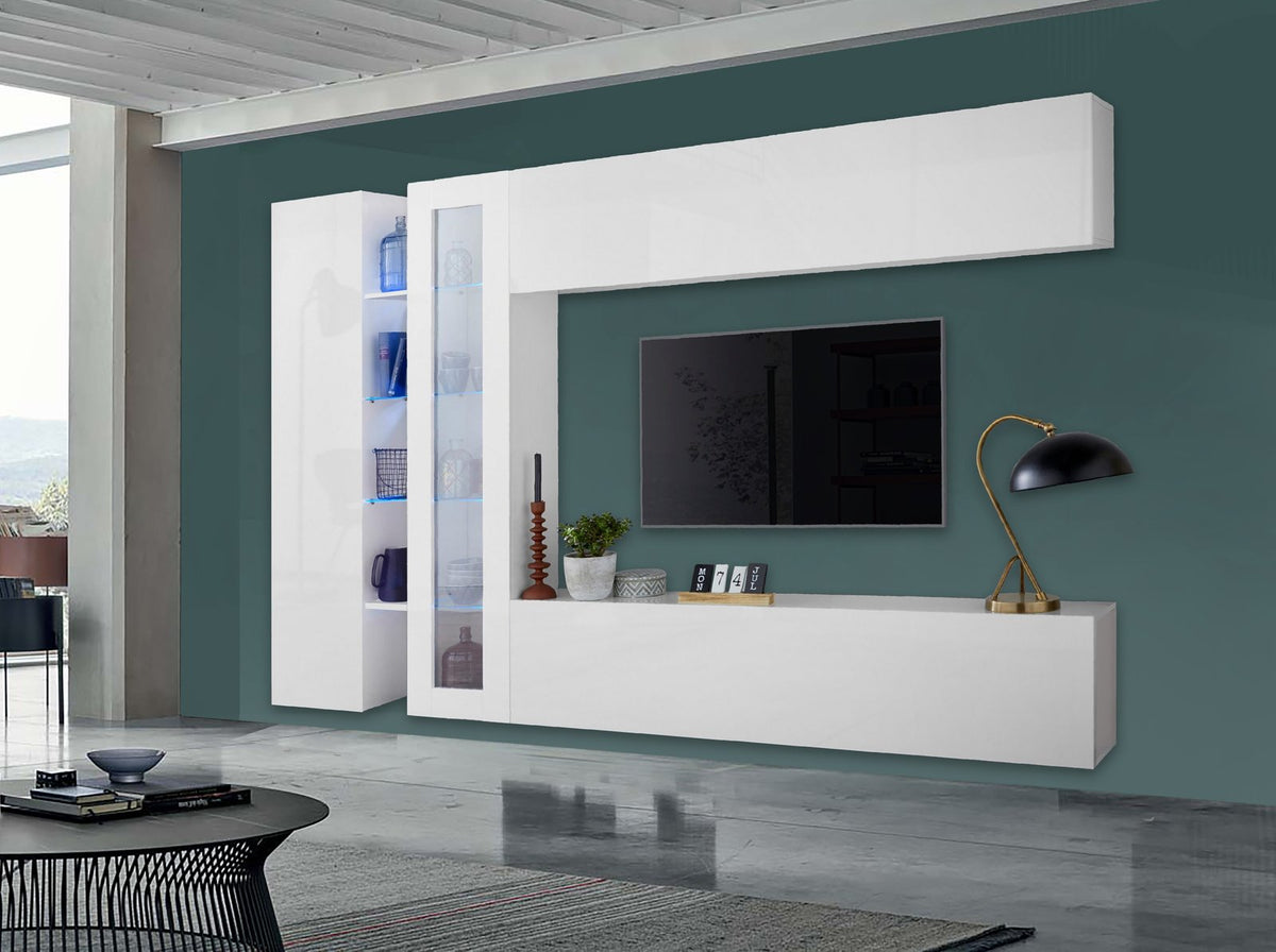 Parete attrezzata ECHO 7 bianco lucido in soggiorno con colonna a LED blu e lampada nera #colore_Bianco Lucido