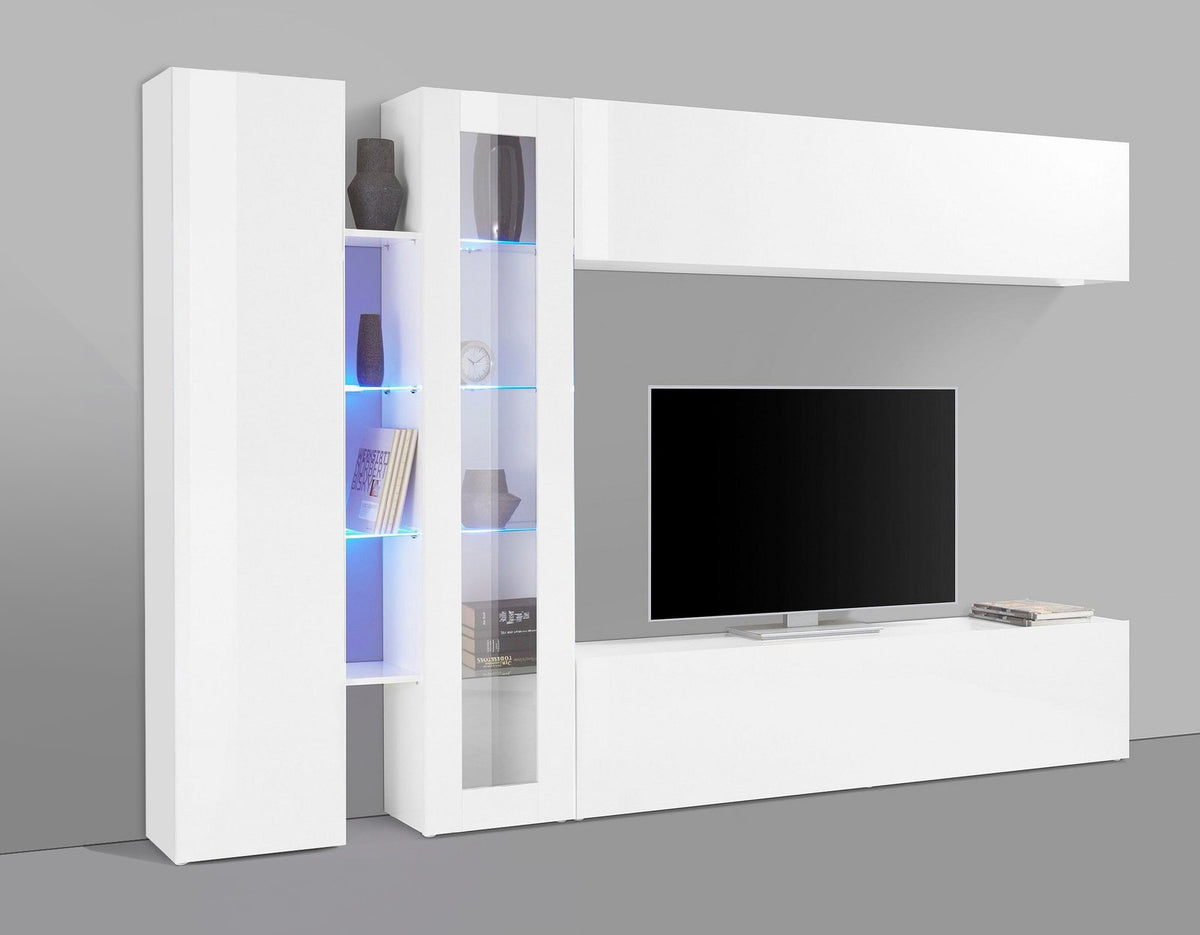 Rendering della parete attrezzata ECHO 7 bianco lucido vista tre quarti con vetrina a LED #colore_Bianco Lucido