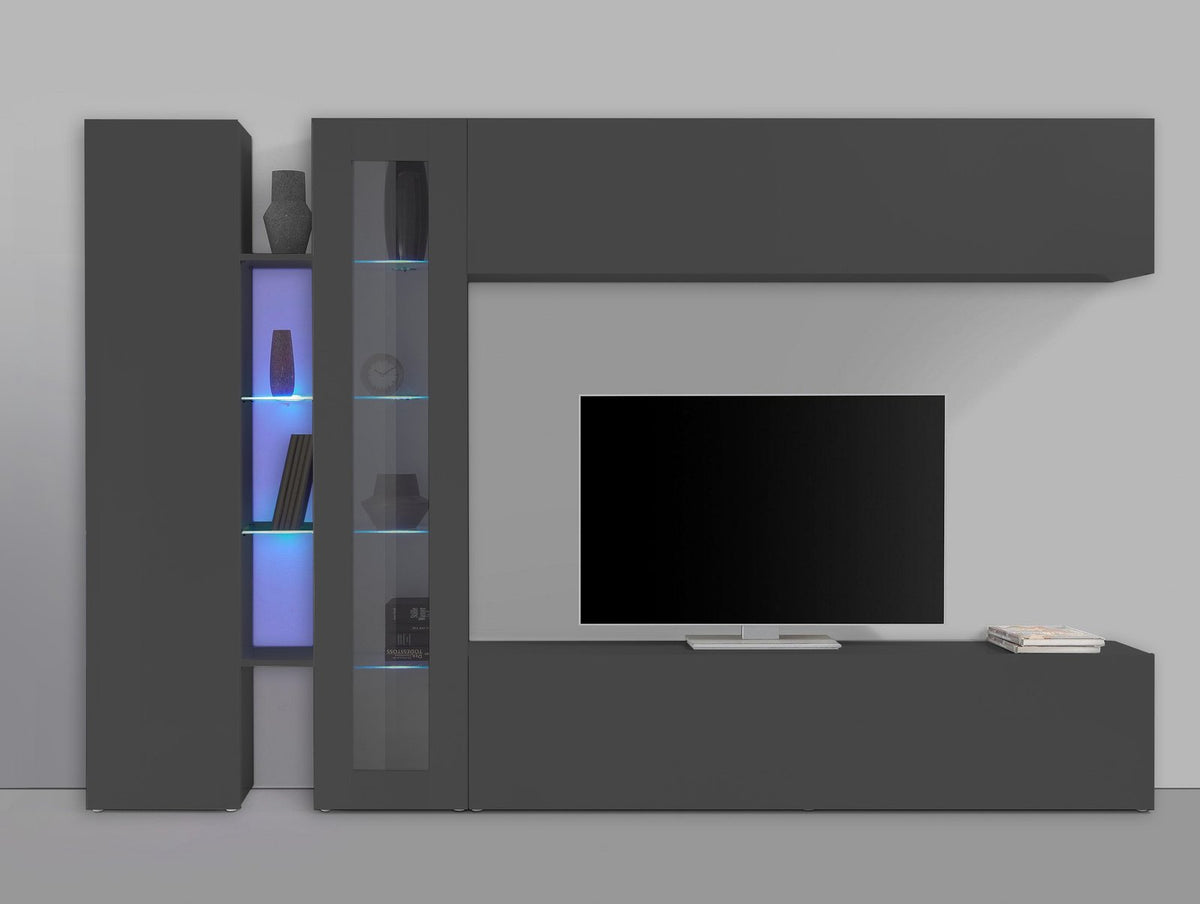 Rendering frontale della parete attrezzata ECHO 7 antracite opaco con nicchia retroilluminata #colore_Antracite Opaco