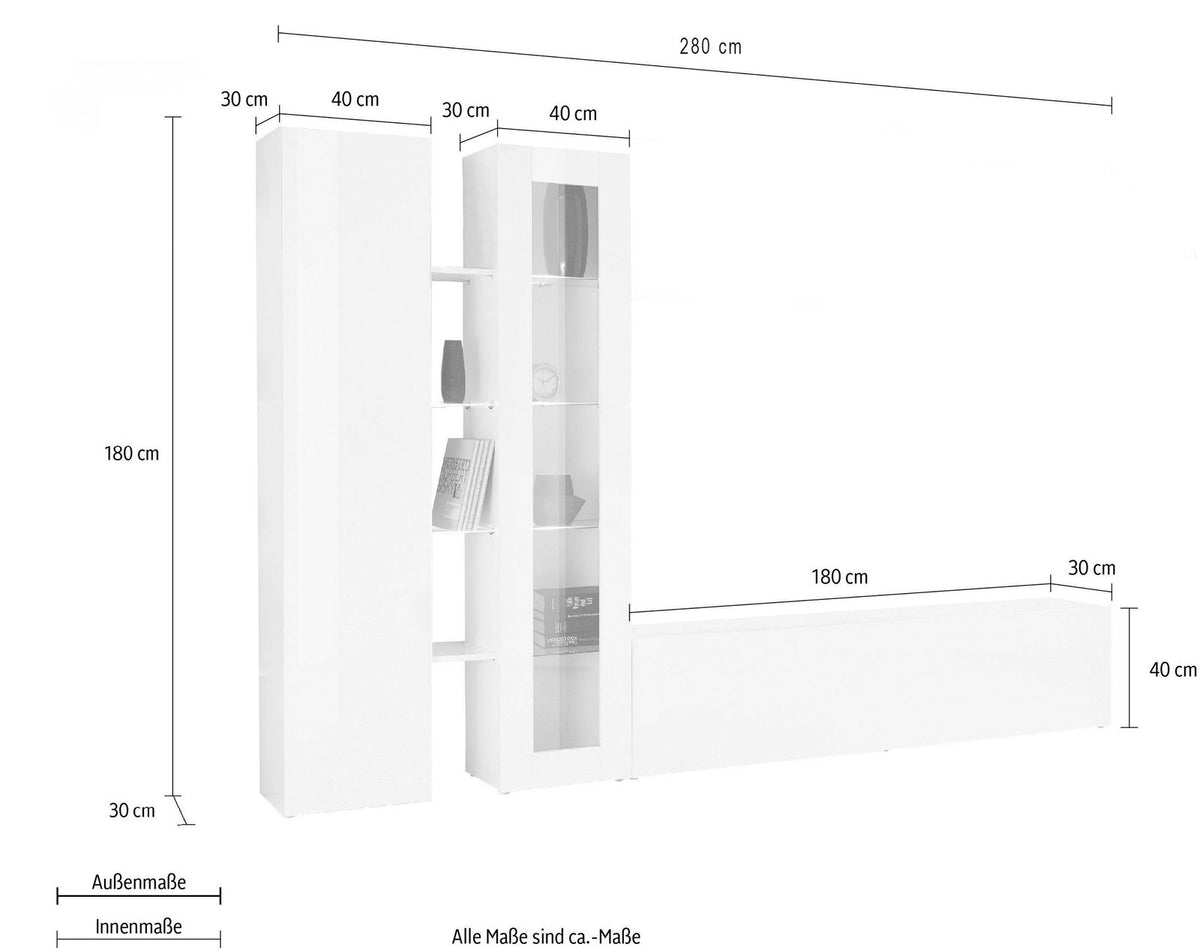 Misure della parete attrezzata ECHO bianco lucido: 280 cm di altezza e 180 cm di larghezza #colore_Bianco Lucido
