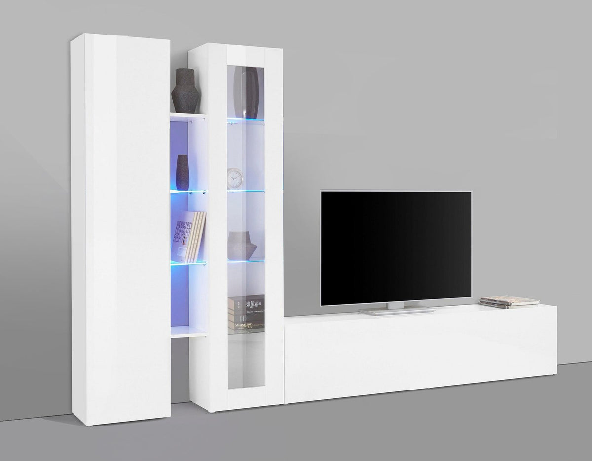 Parete attrezzata ECHO bianco lucido con vetrina LED blu e televisore sul mobile basso #colore_Bianco Lucido