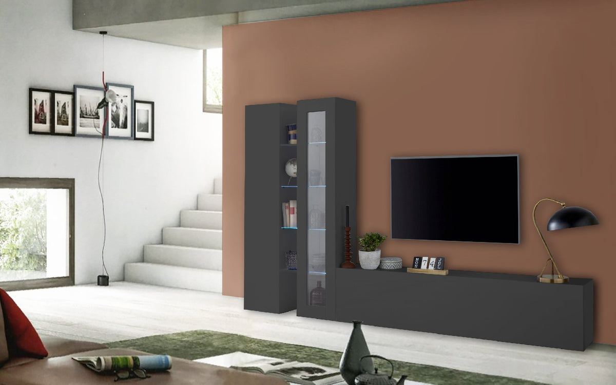 Parete attrezzata ECHO antracite opaco in soggiorno con vetrina LED e base a cassettoni #colore_Antracite Opaco