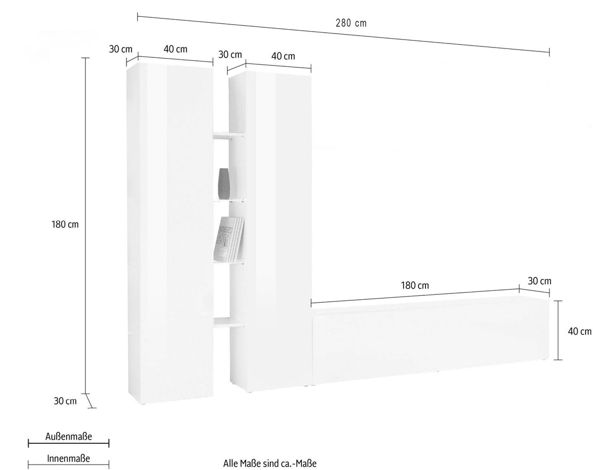 Misure della parete attrezzata ECHO: 280 cm di larghezza, 180 cm di altezza #colore_Bianco Lucido
