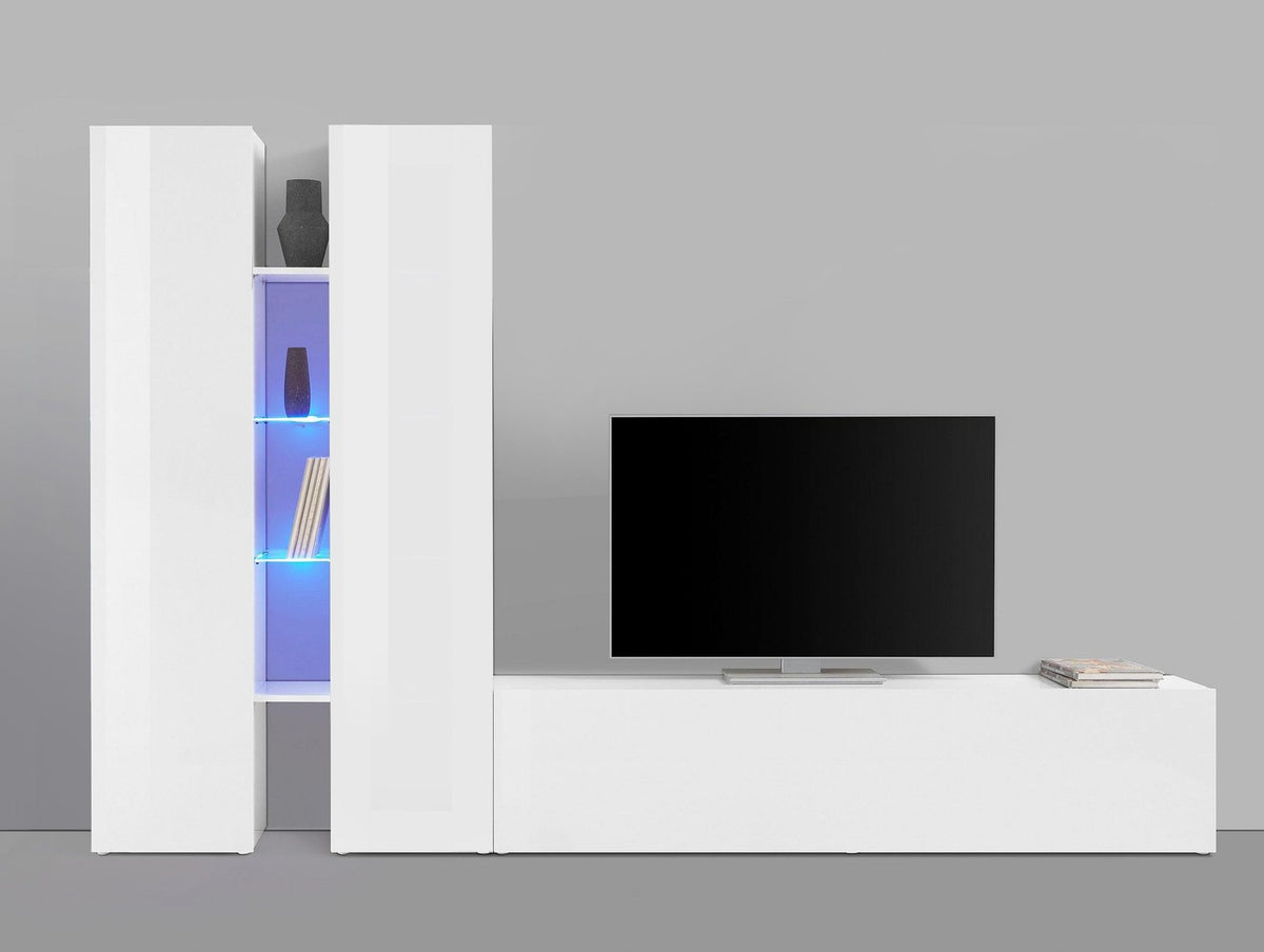 Parete attrezzata ECHO bianco lucido vista frontale con vetrinetta illuminata e base con anta a ribalta #colore_Bianco Lucido