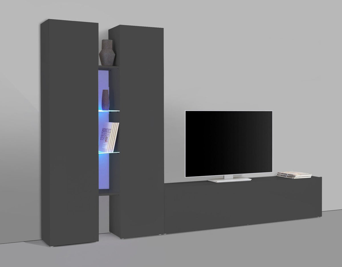 Parete attrezzata ECHO antracite opaco su sfondo neutro, con vani LED e ribalta #colore_Antracite Opaco