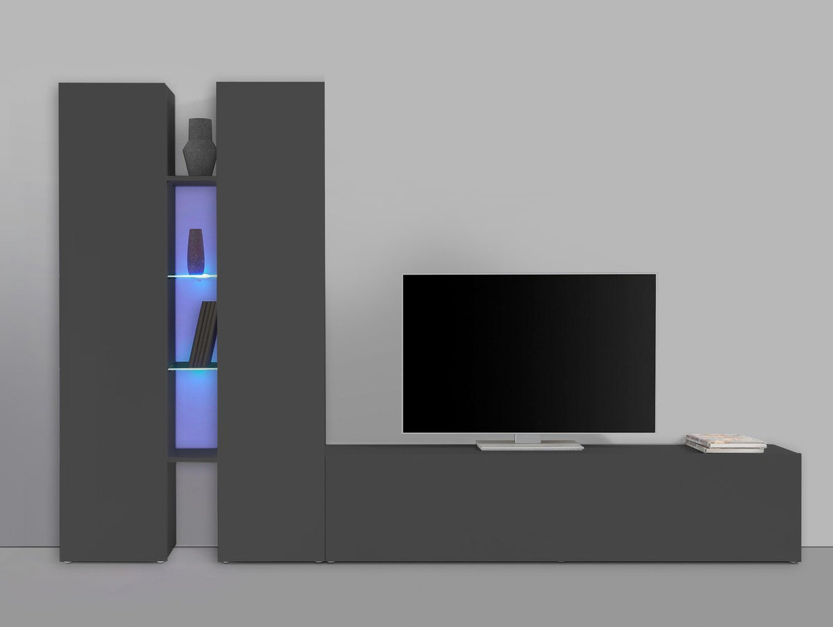 Parete attrezzata ECHO antracite opaco vista frontale con vano illuminato e TV sulla base #colore_Antracite Opaco