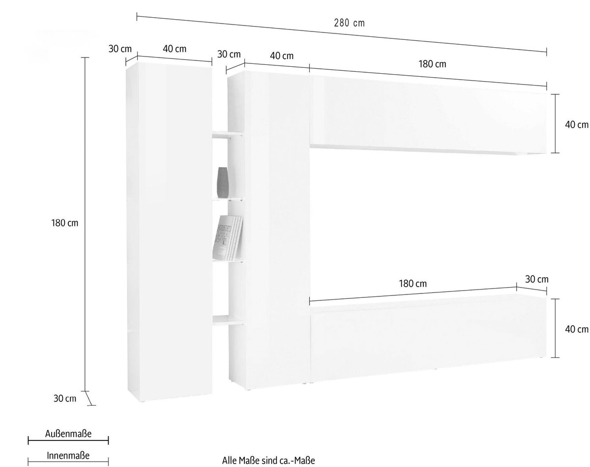 Misure della parete attrezzata ECHO 8 bianca: colonna alta 180 cm, base e pensile #colore_Bianco Lucido