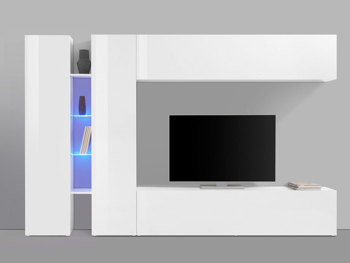 Render frontale della parete attrezzata ECHO 8 bianco lucido con vetrina LED blu e TV #colore_Bianco Lucido