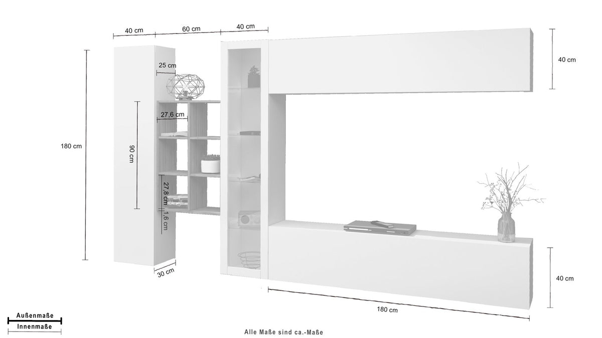 Schema con misure della parete attrezzata ECHO bianco lucido: 180 cm, 40 cm, 90 cm #colore_Bianco Lucido