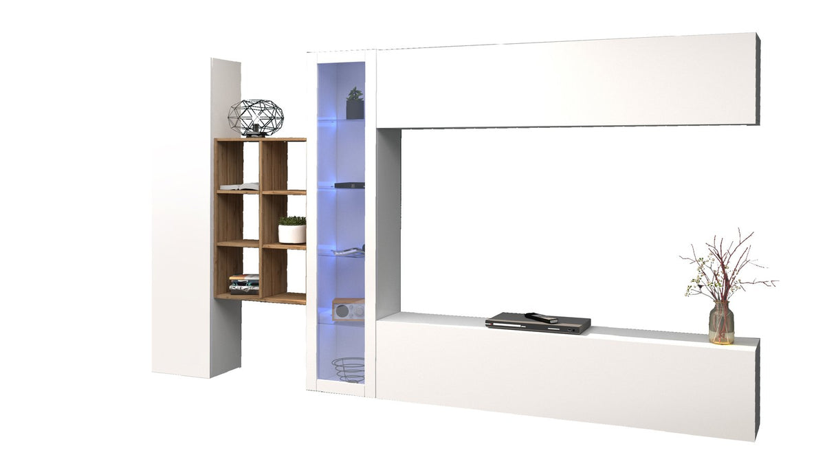 Parete attrezzata ECHO bianco lucido in studio, vista di tre quarti con vetrina centrale #colore_Bianco Lucido