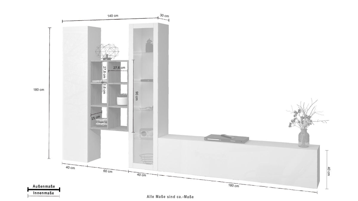 Misure della parete attrezzata ECHO bianco lucido: 140, 180 e 90 cm, quote esterne e interne #colore_Bianco Lucido