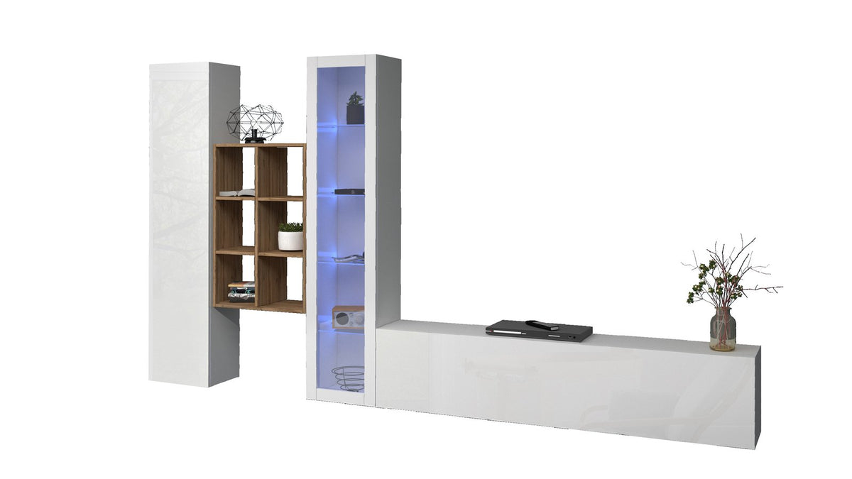 Parete attrezzata ECHO bianco lucido su fondo bianco, vetrina centrale illuminata e montata #colore_Bianco Lucido