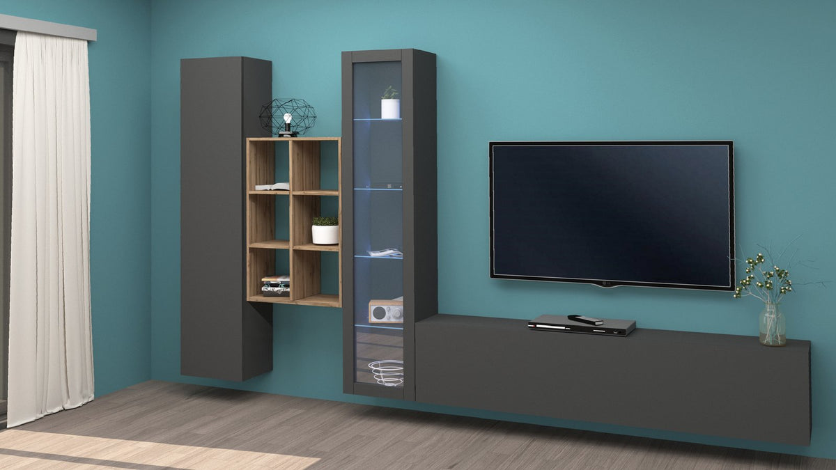 Parete attrezzata ECHO antracite opaco con libreria rovere e vetrina illuminata, ambientata #colore_Antracite Opaco