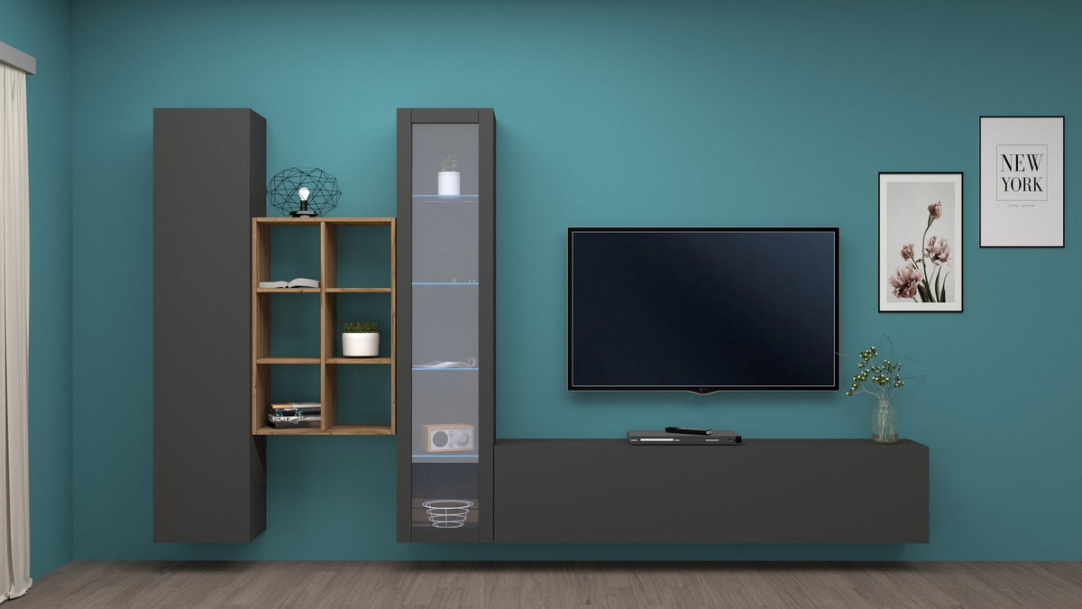 Parete attrezzata ECHO antracite opaco in soggiorno con base a ribalta sotto la TV #colore_Antracite Opaco