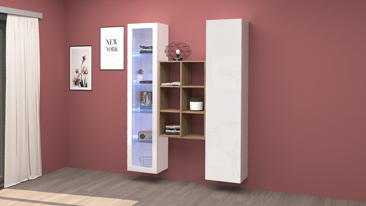 Parete attrezzata sospesa ECHO 16 bianco lucido con vetrina, libreria a giorno e anta, in ambiente #colore_Bianco Lucido