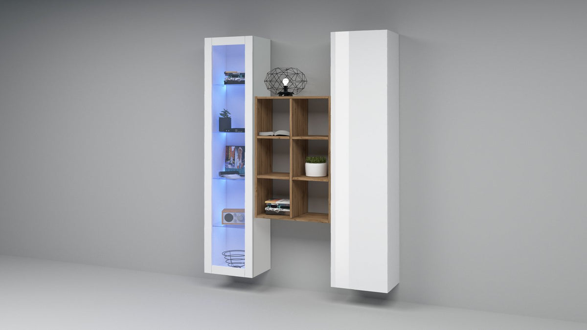 Parete attrezzata ECHO 16 bianco lucido vista frontale con vetrina illuminata, libreria e anta chiusa #colore_Bianco Lucido