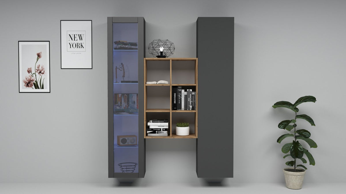 Parete attrezzata ECHO 16 antracite opaco vista frontale in ambiente, con libreria a giorno e pensile #colore_Antracite Opaco