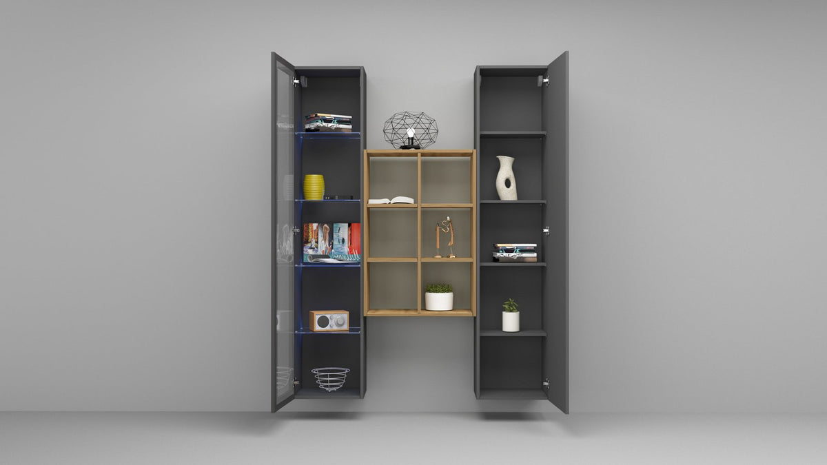 Parete ECHO 16 antracite opaco con ante a vetro e oggetti decorativi #colore_Antracite Opaco