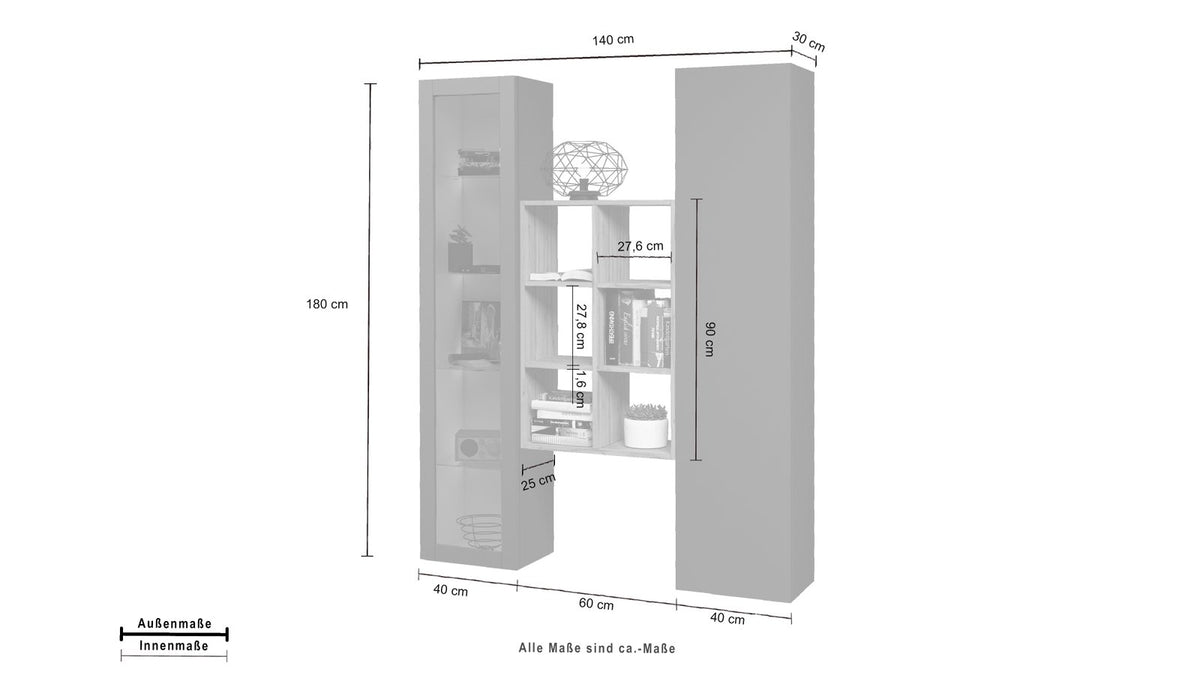 Misure della parete ECHO 16 antracite opaco: 140 cm larghezza, 180 cm altezza #colore_Antracite Opaco