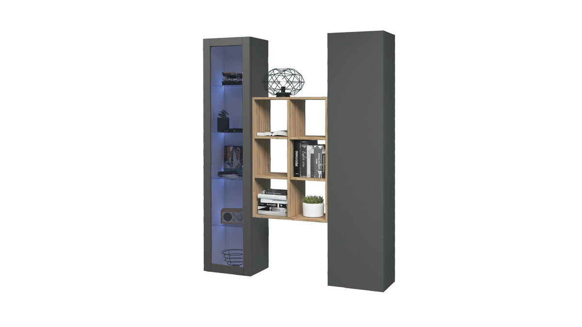 Parete attrezzata ECHO 16 antracite opaco su fondo bianco con vetrina illuminata e libreria a giorno #colore_Antracite Opaco