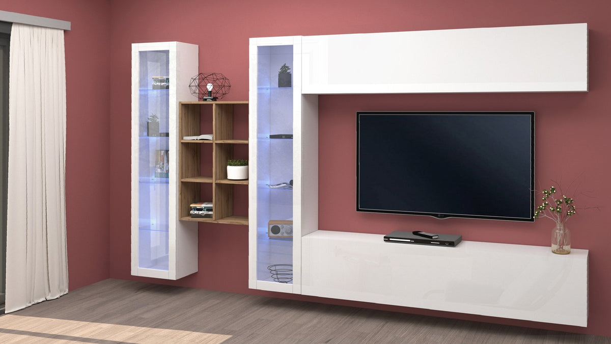 Parete attrezzata ECHO bianco lucido in soggiorno con TV appesa e colonne vetrinate #colore_Bianco Lucido