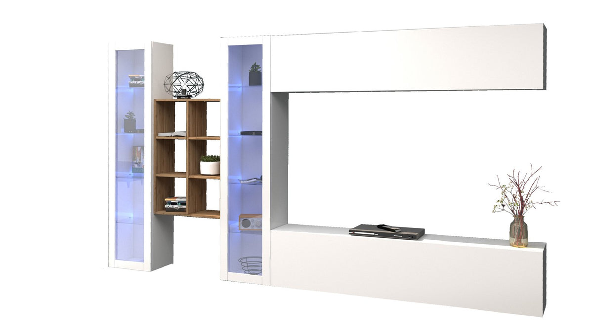 Moduli soggiorno ECHO bianco lucido su fondo bianco, vetrina illuminata e libreria in noce #colore_Bianco Lucido