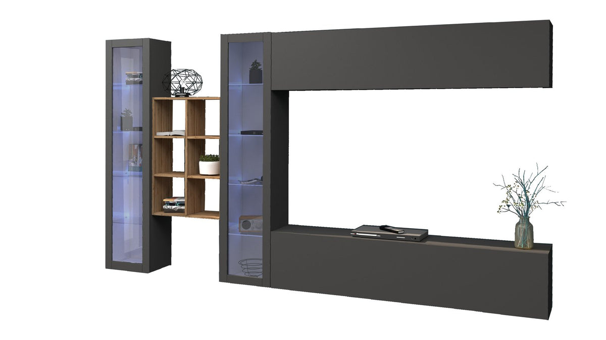 Composizione ECHO antracite opaco su fondo bianco con colonne in vetro e base a doppio cassetto #colore_Antracite Opaco