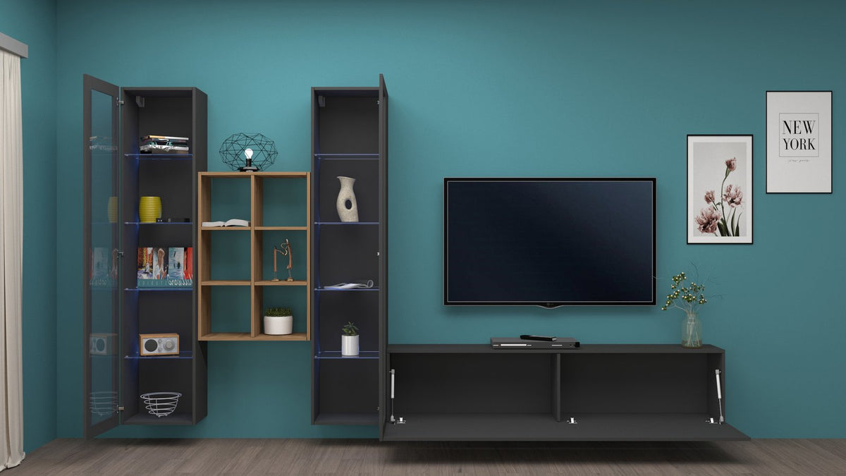 Render della parete attrezzata ECHO 18 antracite opaco con ante basse ribaltabili aperte #colore_Antracite Opaco
