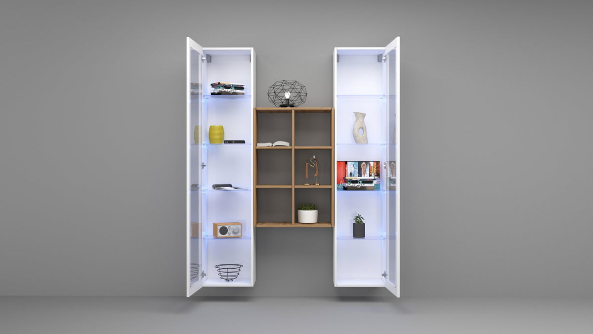 Parete attrezzata ECHO 19 bianco lucido in ambiente grigio, vista frontale con vani a giorno #colore_Bianco Lucido