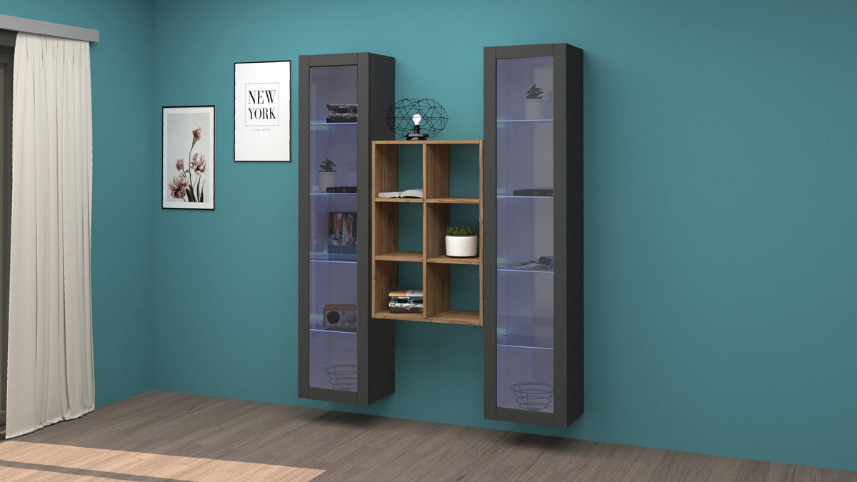 Parete attrezzata ECHO 19 antracite opaco con modulo centrale in legno chiaro, ambientata su parete turchese #colore_Antracite Opaco
