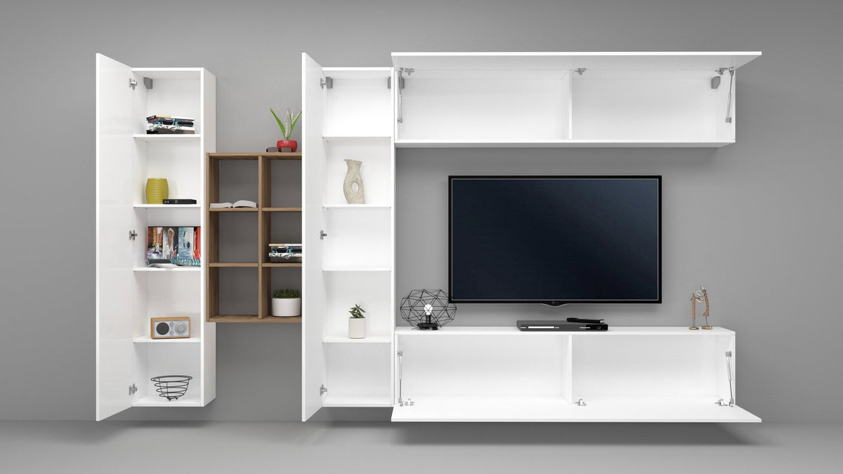 Parete attrezzata ECHO bianco lucido frontale con ante a ribalta aperte e scritta echo sul pensile #colore_Bianco Lucido