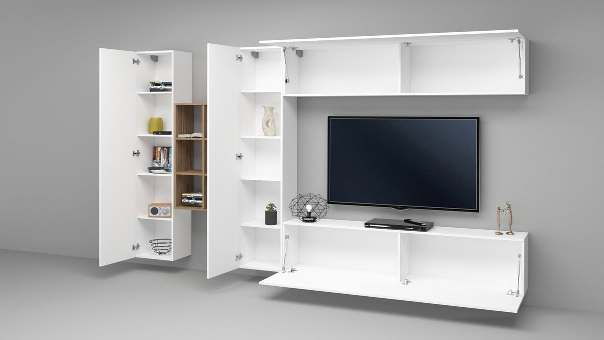 Parete attrezzata ECHO bianco lucido con televisore nero e ante a ribalta aperte, vista tre quarti #colore_Bianco Lucido