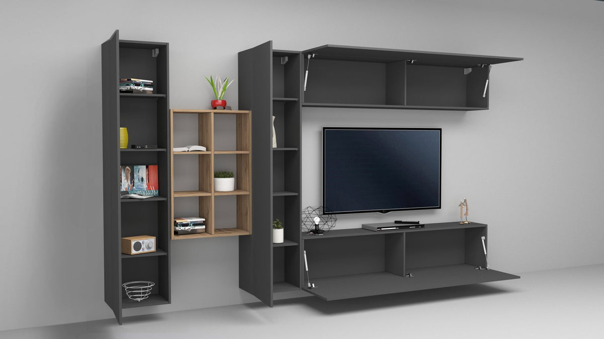 Render della parete attrezzata ECHO antracite opaco con pensile a ribalta aperto sopra il mobile TV #colore_Antracite Opaco