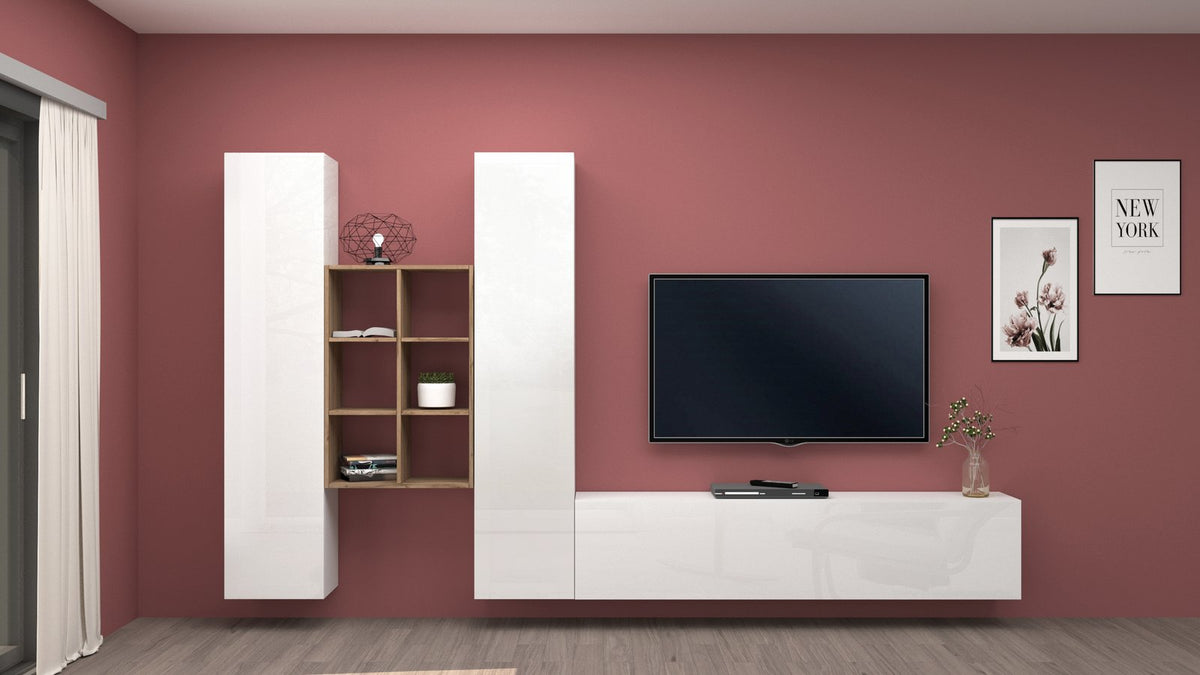 Parete attrezzata ECHO 21 bianco lucido davanti a parete bordeaux, con libreria a giorno e TV #colore_Bianco Lucido
