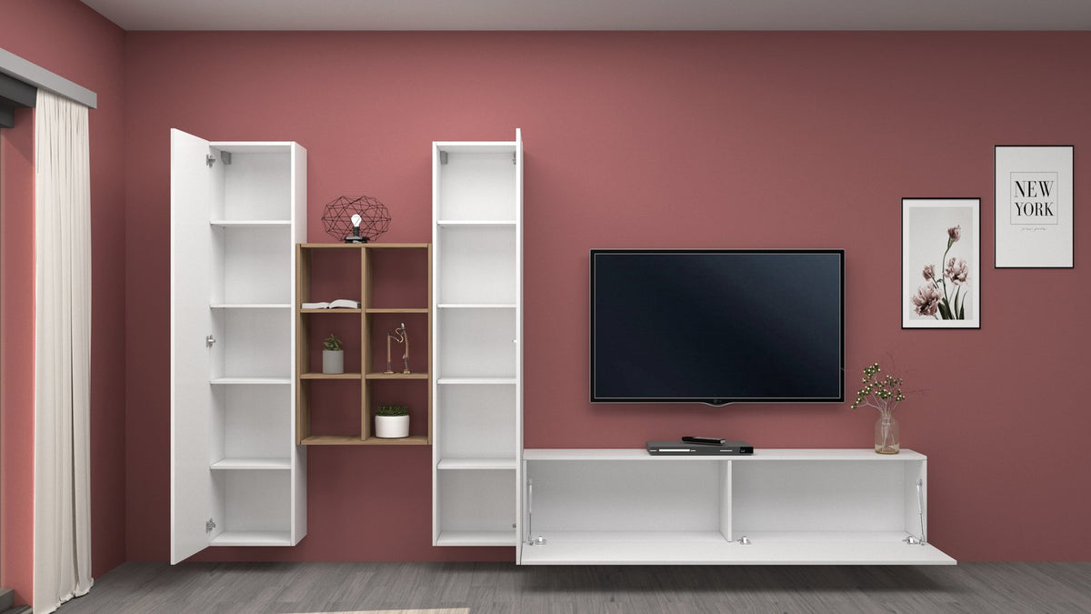 Parete ECHO 21 bianco lucido con ante a ribalta aperte e cubo a giorno rovere #colore_Bianco Lucido